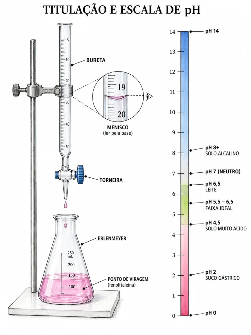 Página de Química Geral com titulação, curva de pH e escala.